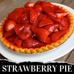 A strawberry pie with glossy, fresh strawberries piled on top of a golden crust, placed on a white plate.