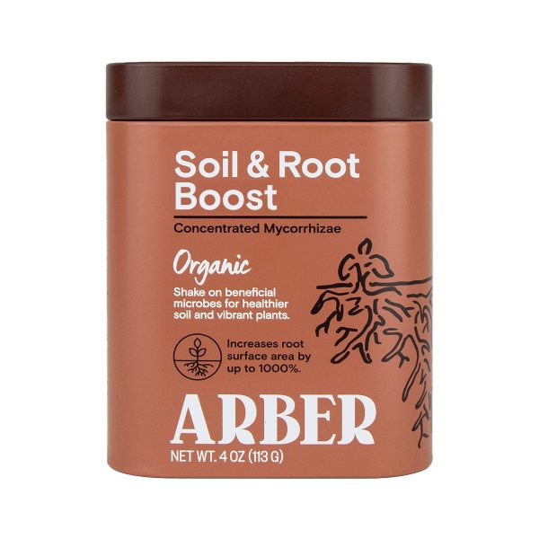 A brown container labeled "Soil & Root Boost" by Arber, featuring organic concentrated mycorrhizae for healthier soil and enhanced root surface area, net weight 4 oz (113 g).