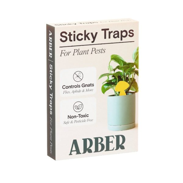 Box of Arber Sticky Traps for plant pests, featuring text on controls gnats and non-toxic, with an image of a potted plant and yellow trap.